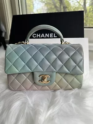 CHANEL Lambskin Quilted Ombre Mini Top Handle Rectangular Flap Blue Green 2022 • $5850