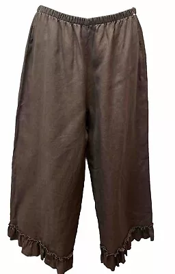 New Chalet Et Ceci Women's M Brown Linen Pull On Wide Leg Crop Ruffle Hem Pants • $30