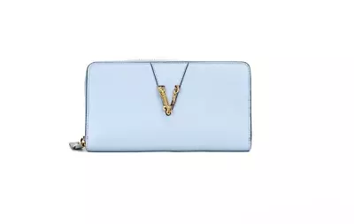 Versace Women's Large Cornflower Grainy Leather Gold Monogram Zip Around Clutch • $687.87