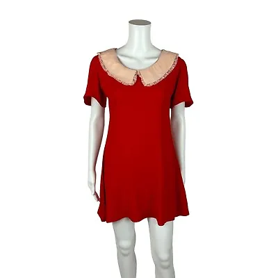 Vintage 70s Mini Dress Women's Small Red Lace Peter Pan Collar Orphan Annie • $118