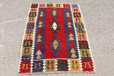 Wool Rug Floor Rug Turkish Rugs Vintage Rug Kilim 3.6x4.9 Ft Accent Rug • $160.02