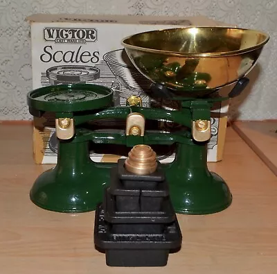 Boxed English Victor Kitchen Scales Green 5 Cast Iron 5 Brass Metric Weights • $239
