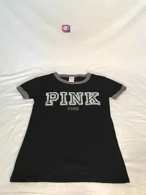 VS PINK Shirt Women’s XS Black Campus Sequin Spell Out Logo Victoria Secret • $13.69