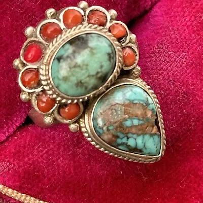 Vintage Handmade Sterling Silver Turquoise Coral Ring Tibetan Jewelry • $179