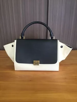 CELINE Trapeze Small Shoulder Bag Leather【 Excellent 】White/Black From Japan • $381.42