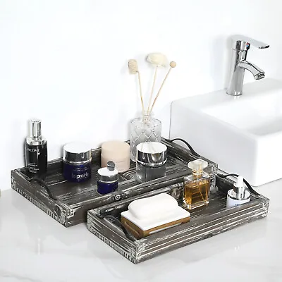 Rustic Torched Wood Jewelry & Vanity Trays W/ Matte Black Metal Handle Set Of 2 • $39.99