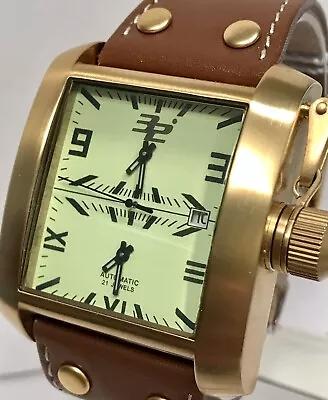Green/Luminous Dual Time 32 DEGREES Auto 21J Rectangle Brown Strap Mens Watch • $439
