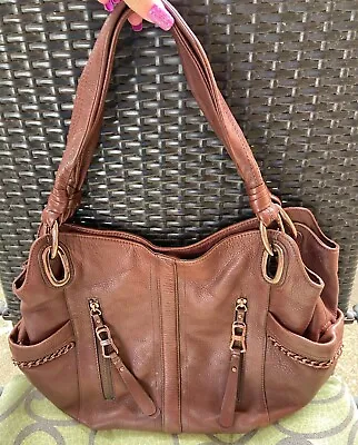 B Makowsky Brown Leather Handbag Shoulder Purse Gold Hardware • $12
