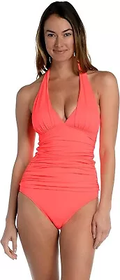 NWT La Blanca Hot Coral Island Goddess Ruched Halter Tankini Swim Suit Top - 12 • $49.99