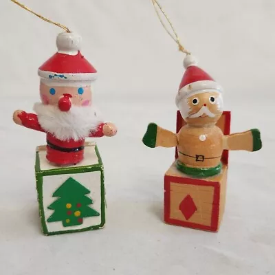 Vintage Pair Wooden Santa Jack In The Box Christmas Tree Ornaments AS IS • $8.99