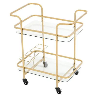 £48.99 • Buy Glass Drinks Trolley Gold With 2 Shelves Art Deco Mini Bar Cocktail Drink Table