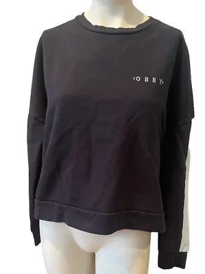 OBEY Worldwide Sweatshirt Unisex Sz Large Black Blue ColorBlock Heavyweight Crop • £9.43