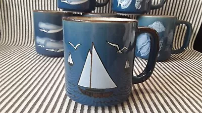 VTG OTAGIRI BLUE SAIL BOAT 14 Oz COFFEE MUG TEA CUP SPECKLED POTTERY ORIG OWNER! • $24.95