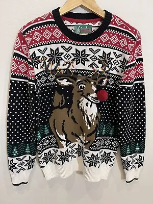 Ugly Holiday Sweater Men Red Nose Reindeer Pom Pom Knit SZ M • $40