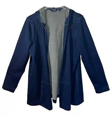 Pure J Jill Indigo Cardigan Hooded Womens L Blue Open Front Tunic Draped Shirt • $16.78