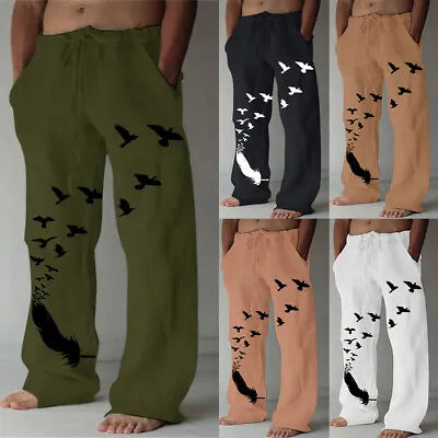 Mens Loose Hippy Long Beach Pants Boho Printed Casual Trousers Cotton Linen • $20.29