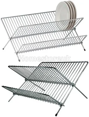 Dish Drainer For Plates Cups Bowls Dish Dryer Stand 2 Tier Chrome Foldable Rack • £10.95