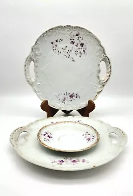 Antique Victoria Carlsbad Austria Handled Plates Set Of 3 Purple Violets  • $27.70