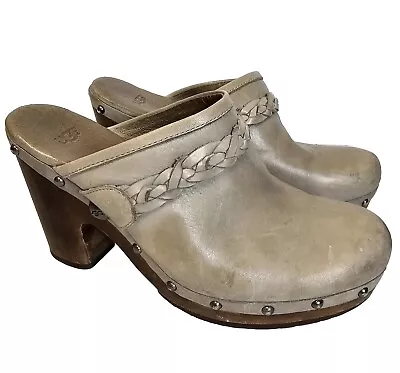 Ugg Womens 3206 Kaylee Mules Clogs Block Heel US 9 Brown Studded Braided Leather • $31.99