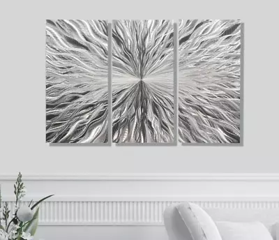 Modern Silver Metal Wall Art Etched Abstract Hanging Sculpture Decor Jon Allen • $200