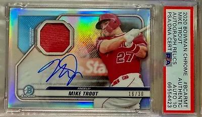 MIKE TROUT AUTO Game Used Jersey 2018 Topps Bowman Chrome #/30 Refractor PSA 10 • $899