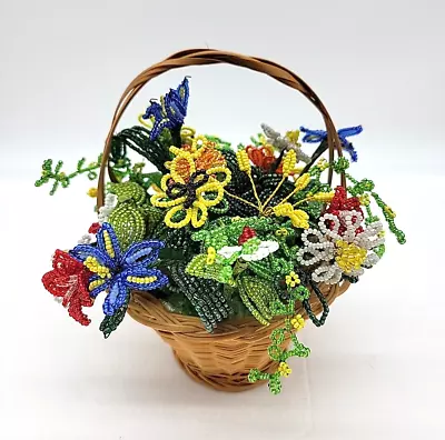 Vintage Glass Seed Bead French Flowers In Wicker Basket Colorful Bouquet 5  • $35.95