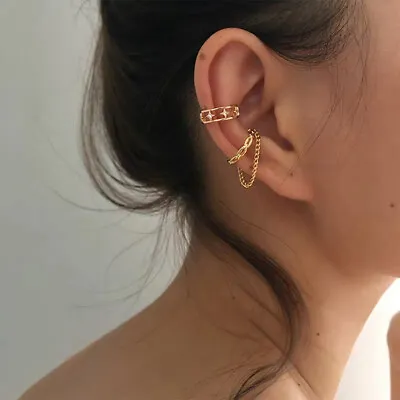 £3.35 • Buy No Piercing Double Layer Chain Gold Ear Cuffs For Girl Women's Clips On Earrings