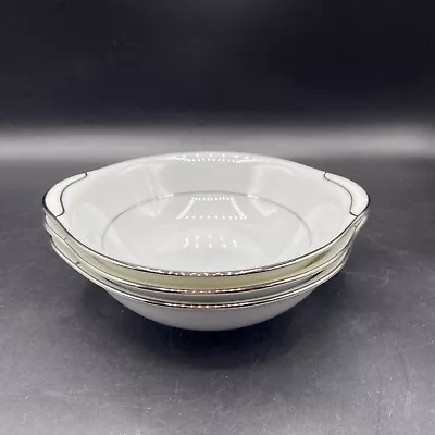 Set Of 3 Noritake Envoy 6325 Lugged Tab Handled Cereal Bowls White Silver Trim • $21.99