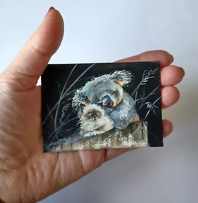 Original Not A Print ACEO Watercolour Miniature Signed. Cuddle. :) Collectable. • £8