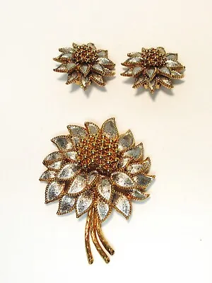 Vintage Ciner Brooch And Clip On Earring Set Silver And Gold Flower Gorgeous !! • $359