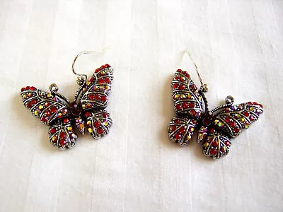 Betsey Johnson Silver Red Gold/Yellow AB Crystal Butterfly Hook Dangle Earrings • $12.95