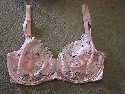 VINTAGE J LO Pink Unlined Satin & Sheer Fishnet Floral Lace Underwire Bra 36DD • $9.99