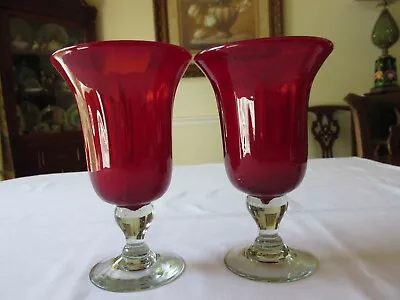 (2) Large Hand Blown Ribbed Ruby Red Water Goblets W/Clear Bulbous Stem 7 1/4  A • $9.95