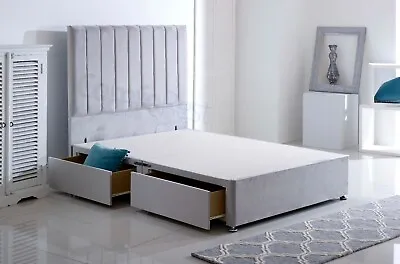 Plush Velvet Divan Bed Base With Luxury Stripe Headboard - 3ft/4ft/4ft6/5ft/6ft • £296.65