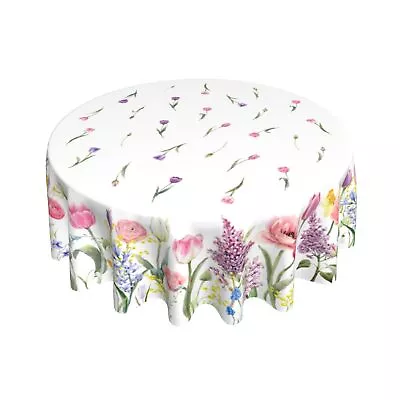 Spring Tulip Floral Tablecloth Round 60 Inch Colorful Watercolor Vintage Flow... • $23.12