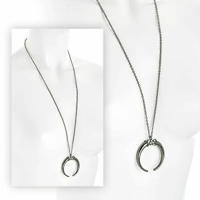 Hematite Colour Chain Necklace & Hematite HORN Pendant CLEAR Crystals • £2.45