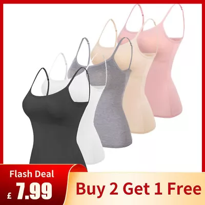Womens Padded Cami Tank Vest Tops With Built In Bra Strappy Slim Camisole Blouse • £7.99