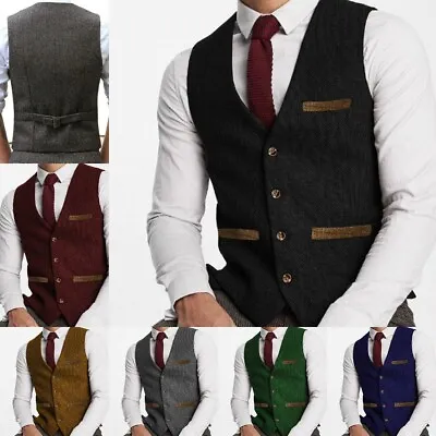 Business Mens Suit Tweed Vests Plaid&Herringbone Waistcoats Vintage Wedding Wool • $12.99