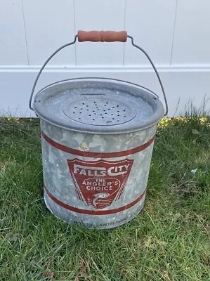 Vintage Falls City The Anglers Choice Minnow Bait Fishing Bucket Wood Handle • $25