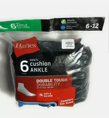 Hanes Men's Cushion Ankle Socks (Size 6-12 6-Pack) Black White • $11.89