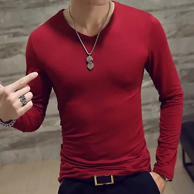 New Mens Long Sleeve V-Neck T-shirt Stretch Casual Solid Slim Fit Tops Burgundy • $4.99