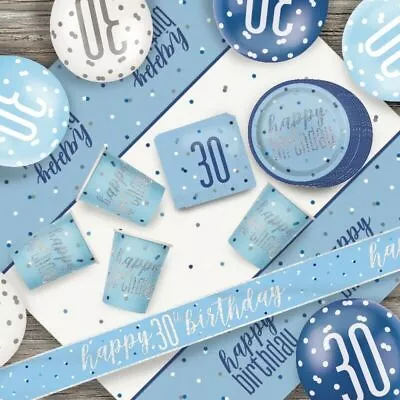 Glitz Blue 30th Birthday Party Tableware Decoration Plates Banners Candle Age 30 • £2.97