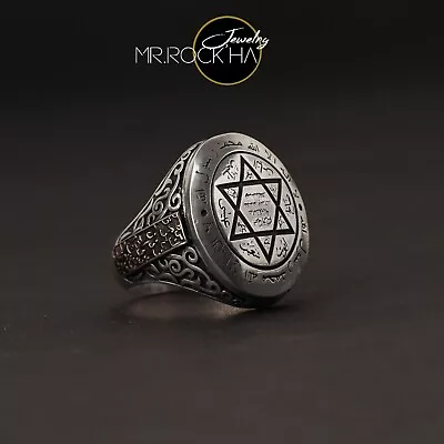 Seal Of SolomonStar Of King DavidHandmadeRound Case925 Silver Men's Ring • £168.89