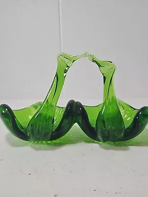 Vintage MCM Art Glass Swan Birds Green Votive Candle Holder Dish  • $16.30