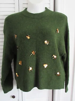 Soft Knit Green H & M Sweater W Metallic Bead & Sequin Insects Size Medium • $15