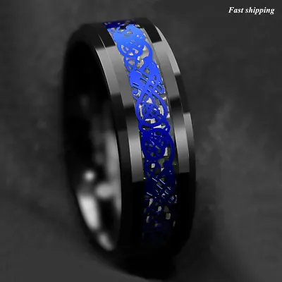 8mm Tungsten Carbide Ring Blue Celtic Dragon Black Carbon Fibre ATOP Men Jewelry • $14.99