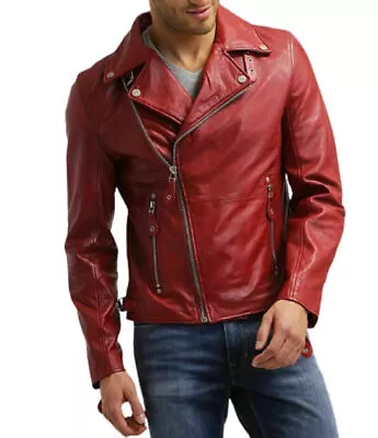 Stylish Men's Genuine Lambskin Leather RED Jacket Handmade Biker Motorcycle Wear • $117.75