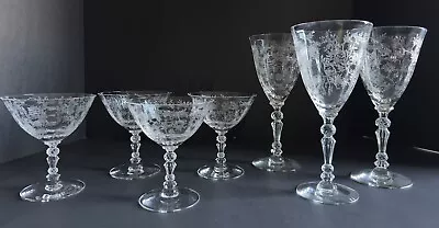 Fostoria Chintz Etched Florals 3 Wine Goblets 7 5/8 T & 4 Coupes 4.5 T Lot EUC • $55