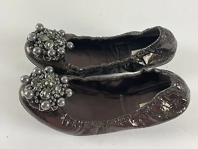 Miu Miu Prada Silver Glitter Bows Ballet Flat Shoes Pearl Rhinestones 36.5 Italy • $79.99