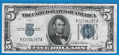 1934 C $5 Silver Certificate NoteBlue SealCirc Very FineNice! • $5